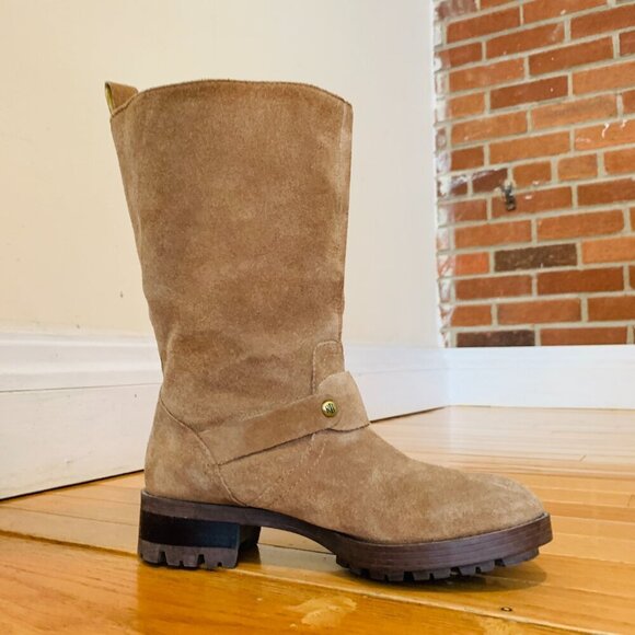 Ralph Lauren Motorcycle Boots Mid Calf Tan Suede Pull On Lug Soles - Picture 13 of 16